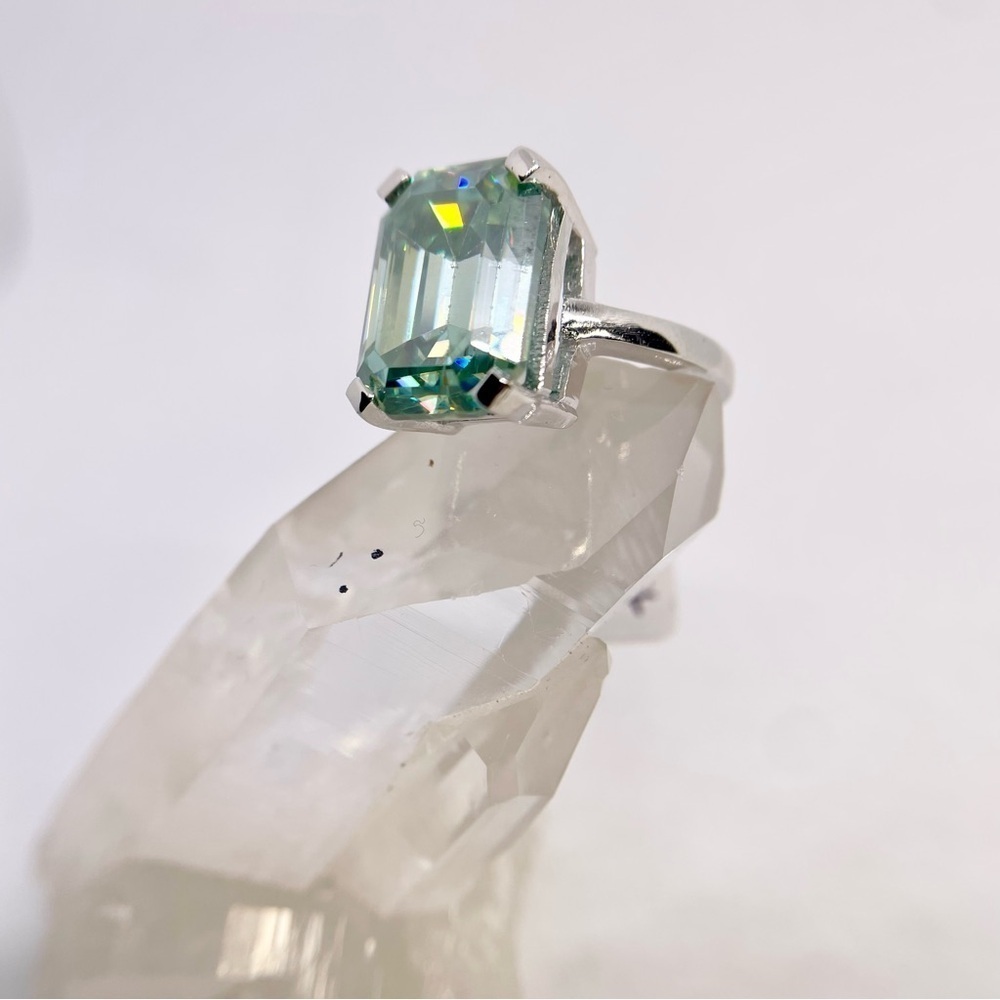 Emerald Cut Moissanite Ring Vivid Blue Green Cocktail Wedding Ring 10 Ct - Picture 7 of 13